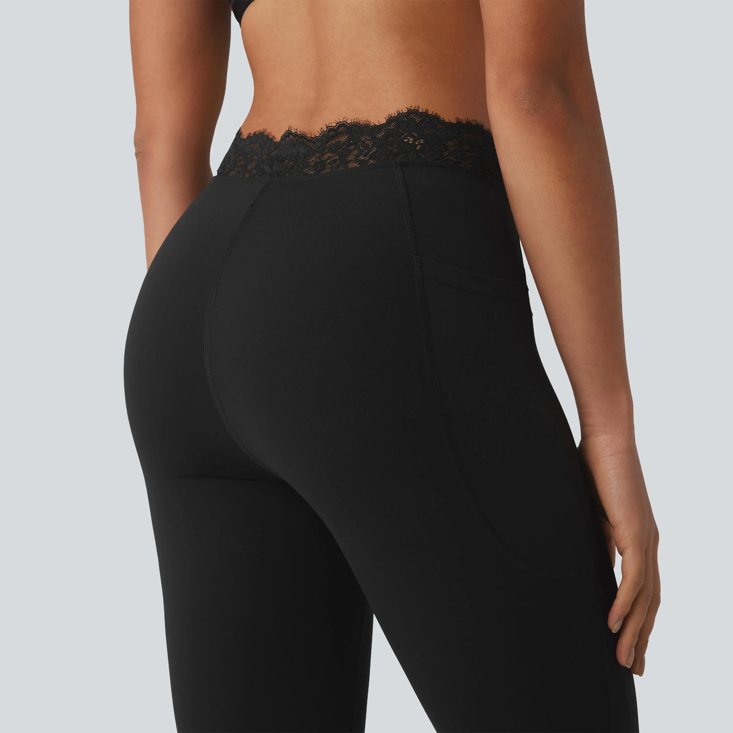 Women's UltraSculpt V-Shaped High Waisted Contrast Lace Yoga Flare Leggings with Pockets