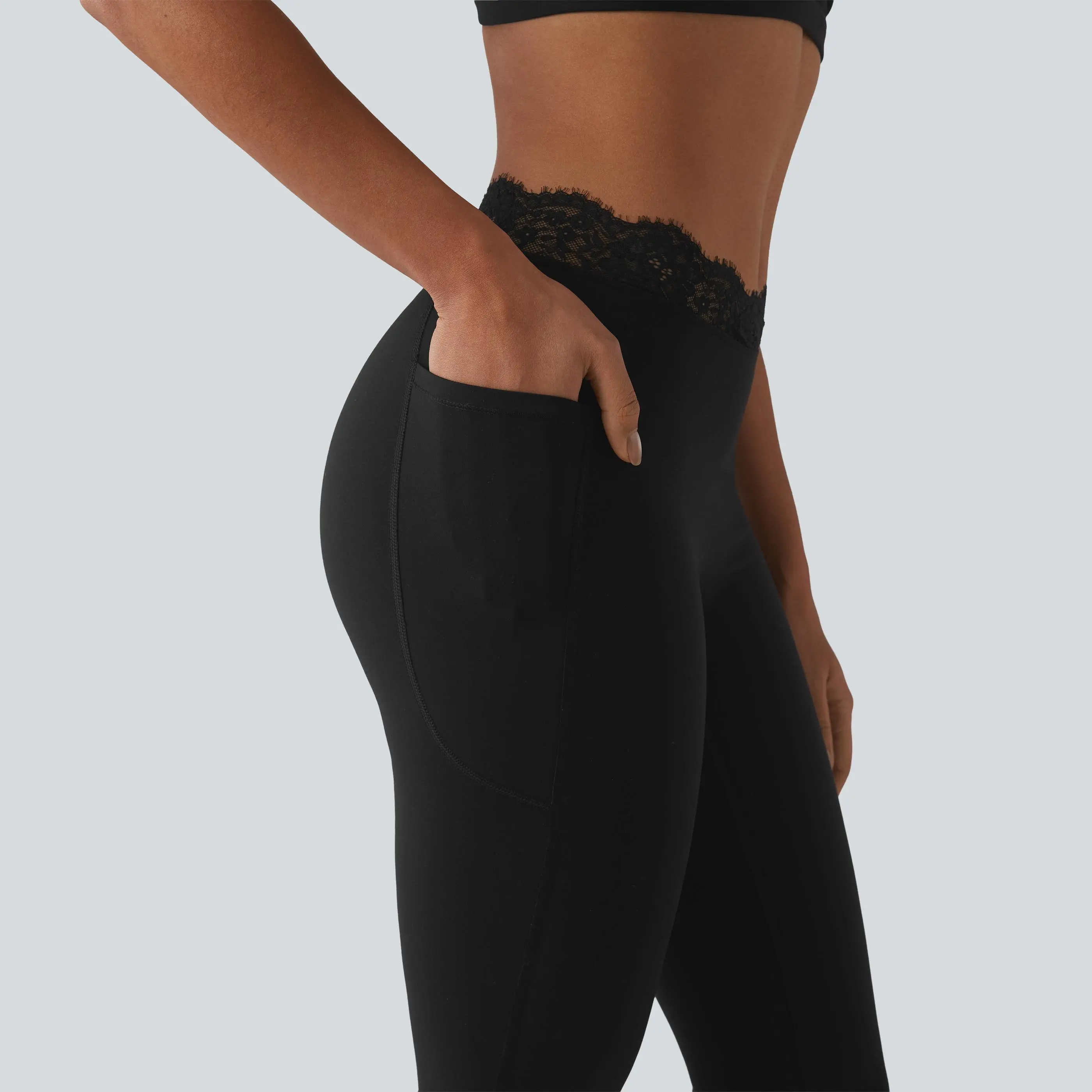 Women's UltraSculpt V-Shaped High Waisted Contrast Lace Yoga Flare Leggings with Pockets