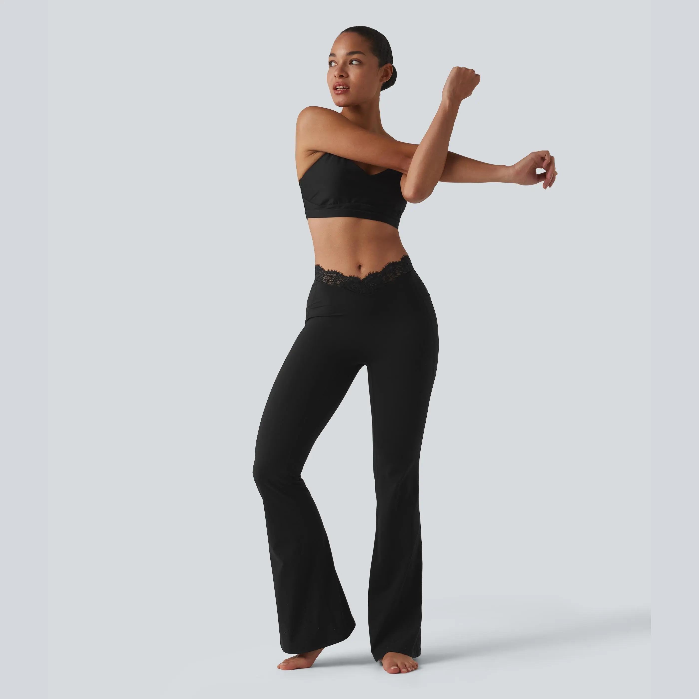 Women's UltraSculpt V-Shaped High Waisted Contrast Lace Yoga Flare Leggings with Pockets