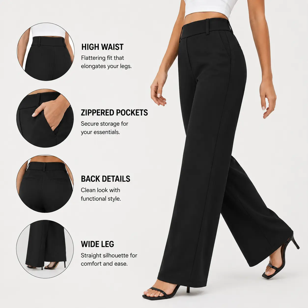 Women's Wide Leg Dress Pants High Waisted Stretchy Work Trousers Business Casual Office Pull on Slacks with Pockets