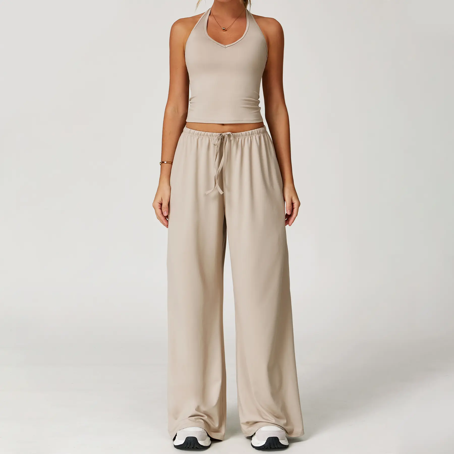 Women's 2-Piece Ribbed Athleisure Set with V-Neck Strappy Top & Wide Leg Pants