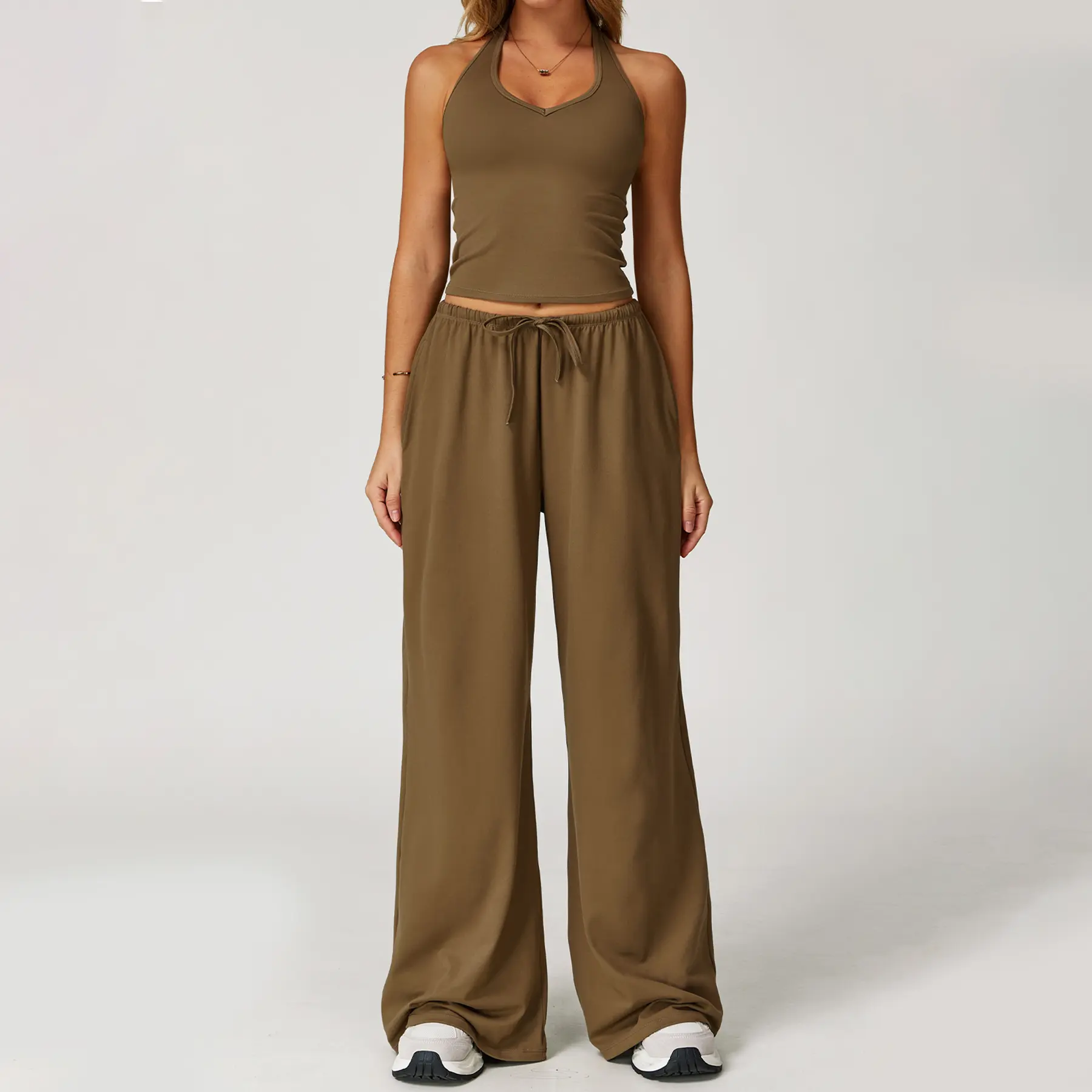 Women's 2-Piece Ribbed Athleisure Set with V-Neck Strappy Top & Wide Leg Pants