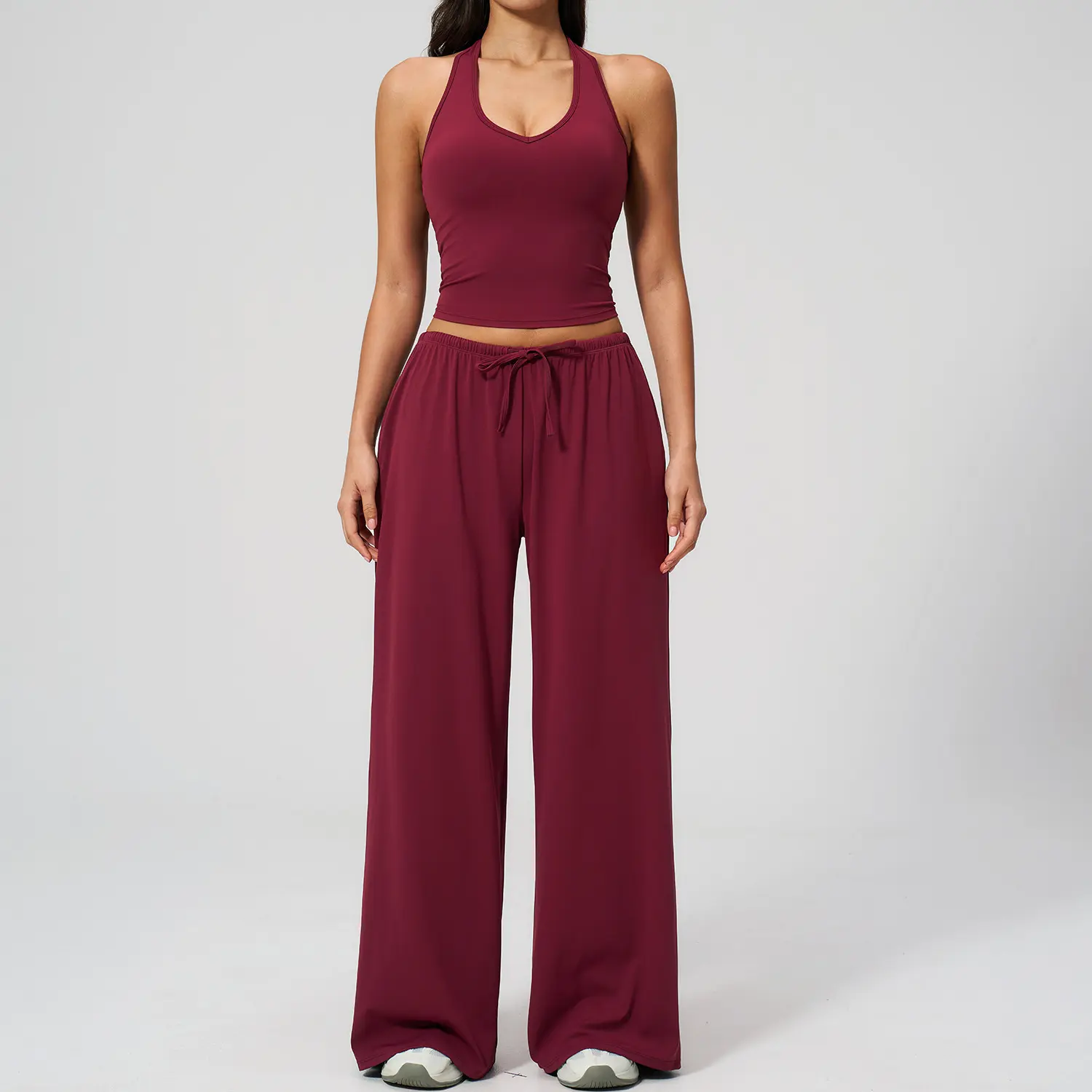 Women's 2-Piece Ribbed Athleisure Set with V-Neck Strappy Top & Wide Leg Pants