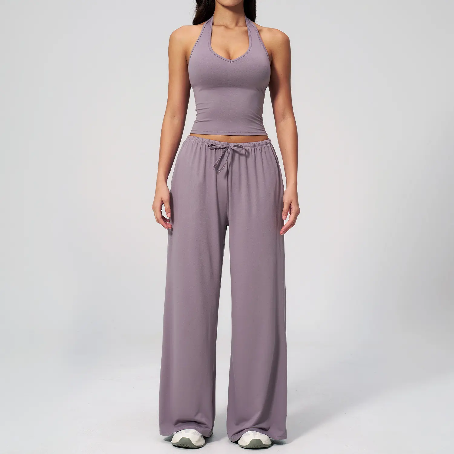 Women's 2-Piece Ribbed Athleisure Set with V-Neck Strappy Top & Wide Leg Pants