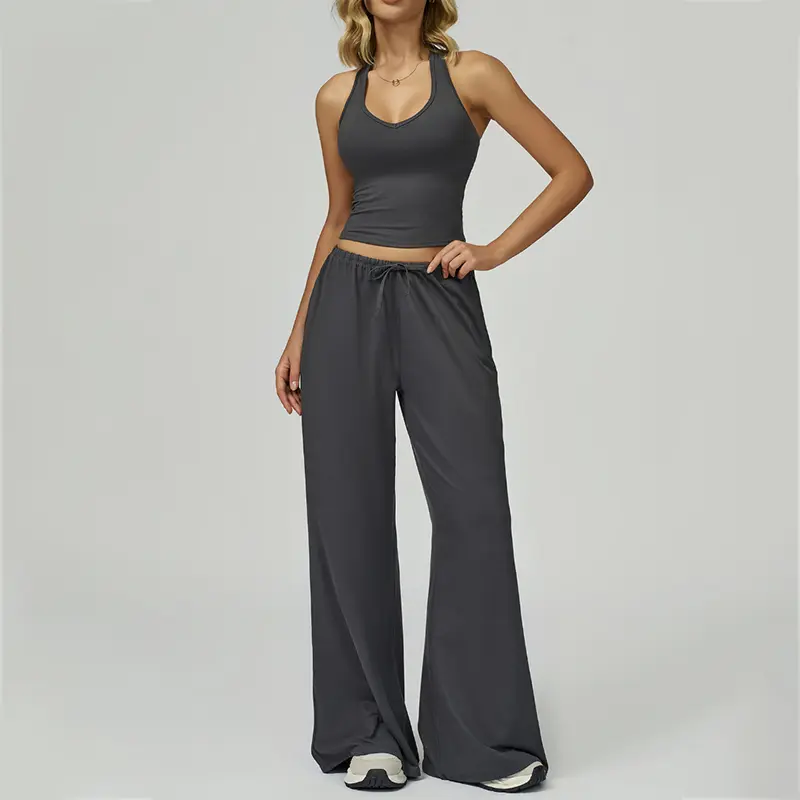 Women's 2-Piece Ribbed Athleisure Set with V-Neck Strappy Top & Wide Leg Pants