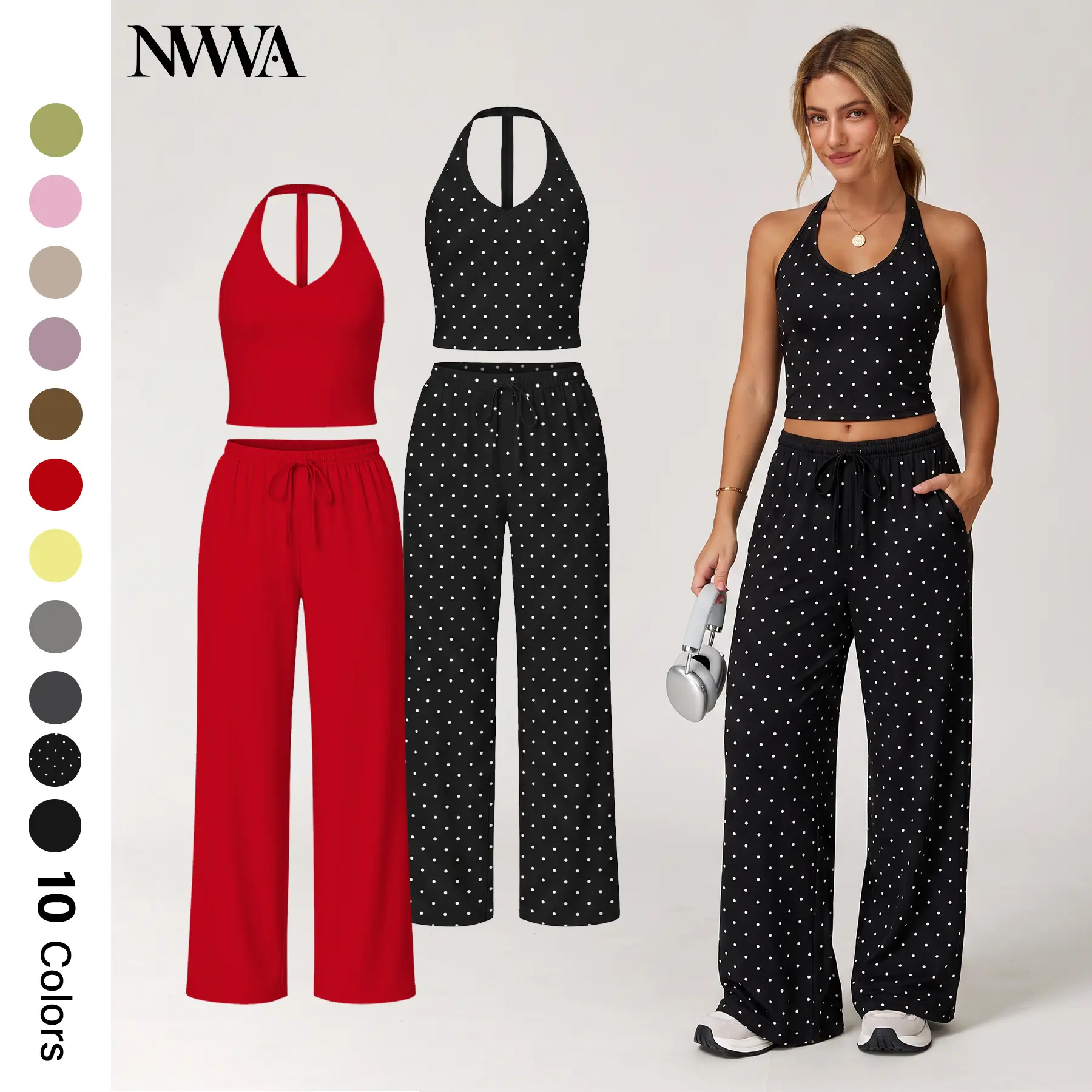 Women's 2-Piece Ribbed Athleisure Set with V-Neck Strappy Top & Wide Leg Pants