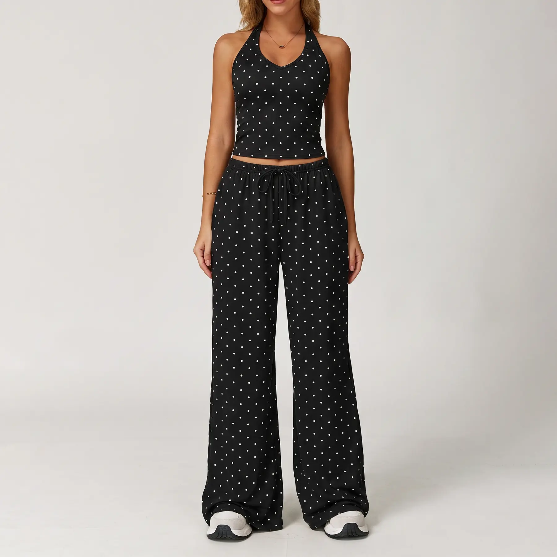 Women's 2-Piece Ribbed Athleisure Set with V-Neck Strappy Top & Wide Leg Pants