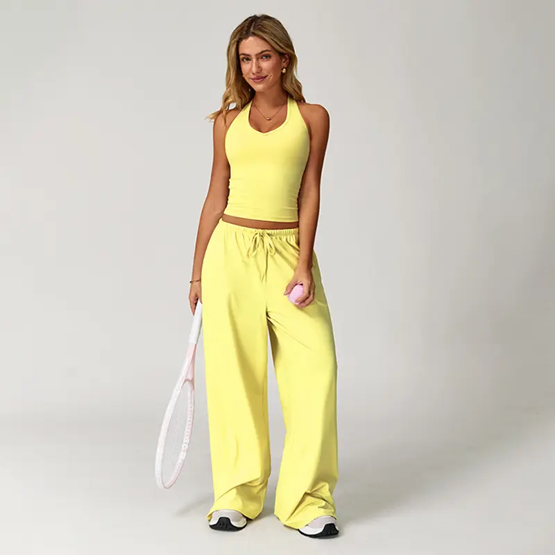 Women's 2-Piece Ribbed Athleisure Set with V-Neck Strappy Top & Wide Leg Pants