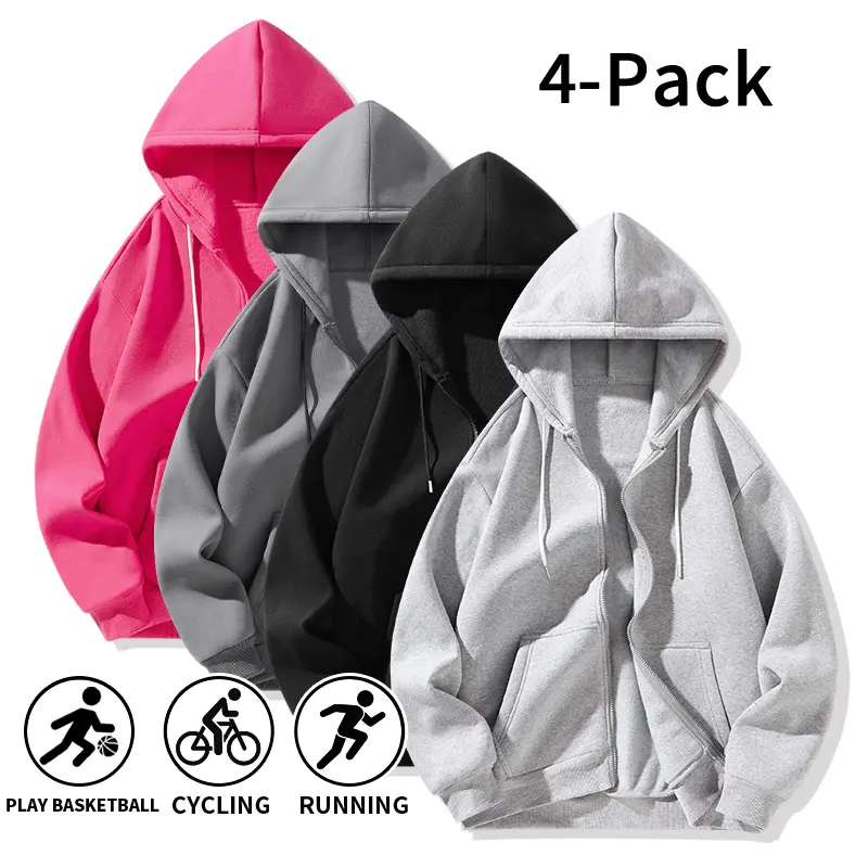 4-Pack Men's Full Zip Hoodies - Polyester Loose Fit