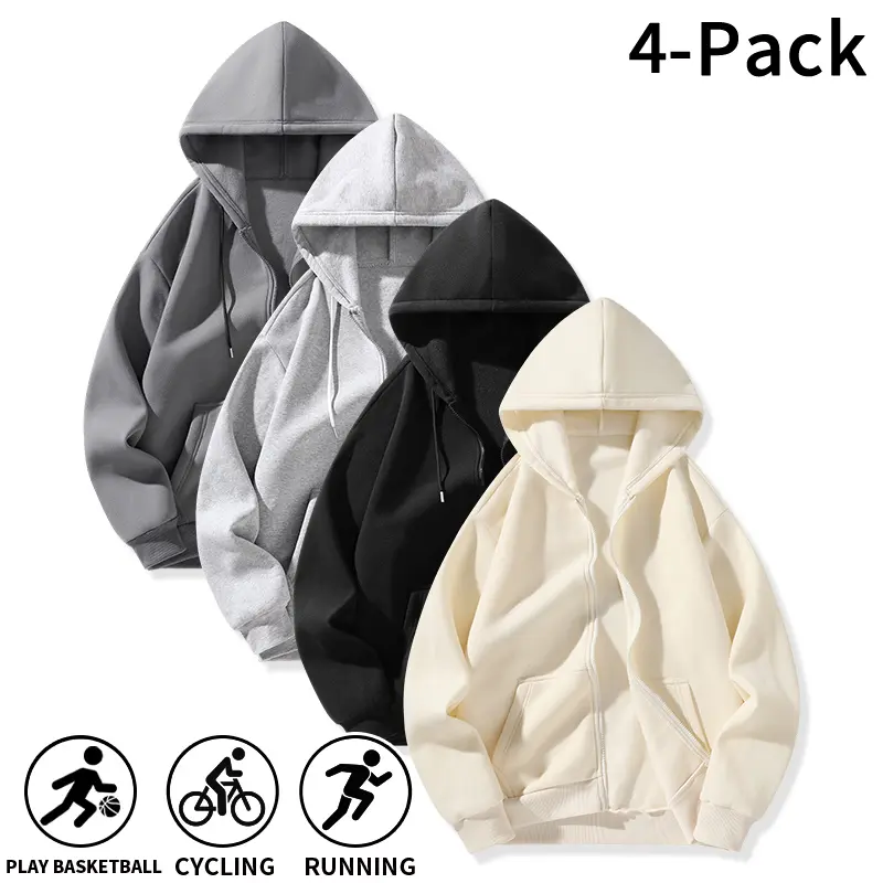 4-Pack Men's Full Zip Hoodies - Polyester Loose Fit