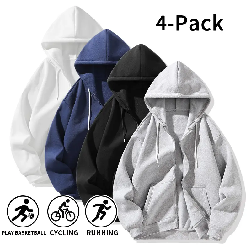 4-Pack Men's Full Zip Hoodies - Polyester Loose Fit