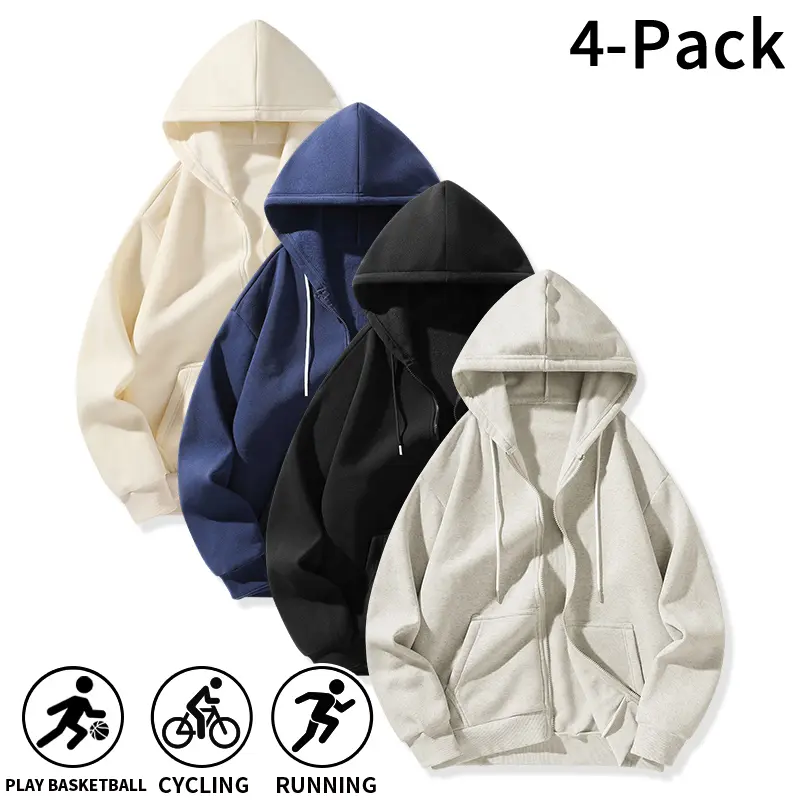 4-Pack Men's Full Zip Hoodies - Polyester Loose Fit