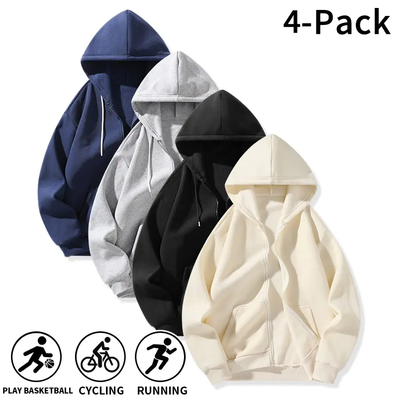 4-Pack Men's Full Zip Hoodies - Polyester Loose Fit