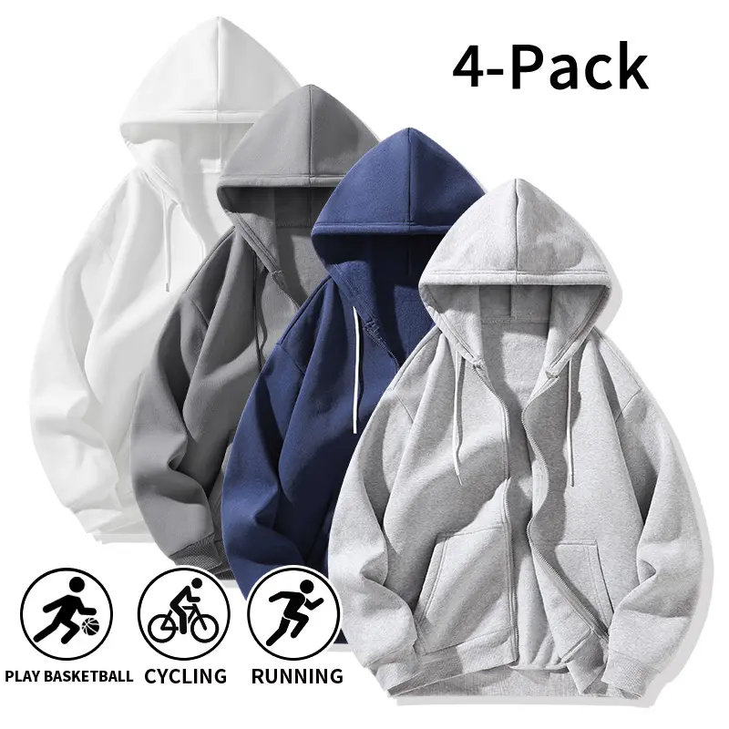 4-Pack Men's Full Zip Hoodies - Polyester Loose Fit