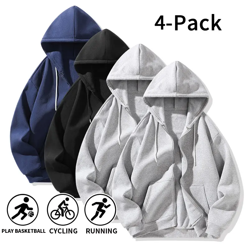 4-Pack Men's Full Zip Hoodies - Polyester Loose Fit