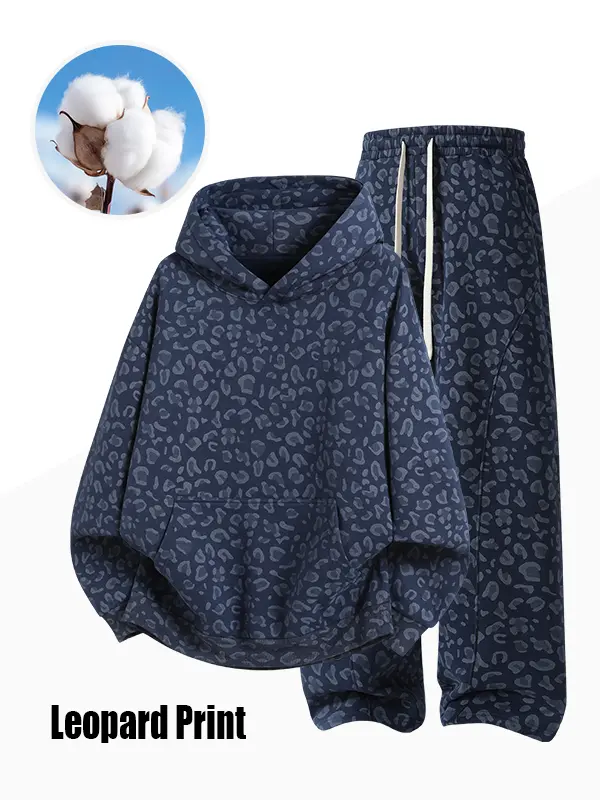 Men's 100% Cotton 2-Piece All-Over Leopard Print Streetwear Set - Loose-Fit Hoodie & Wide-Leg Pants