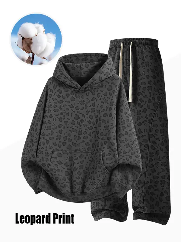 Men's 100% Cotton 2-Piece All-Over Leopard Print Streetwear Set - Loose-Fit Hoodie & Wide-Leg Pants