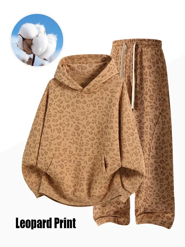 Men's 100% Cotton 2-Piece All-Over Leopard Print Streetwear Set - Loose-Fit Hoodie & Wide-Leg Pants