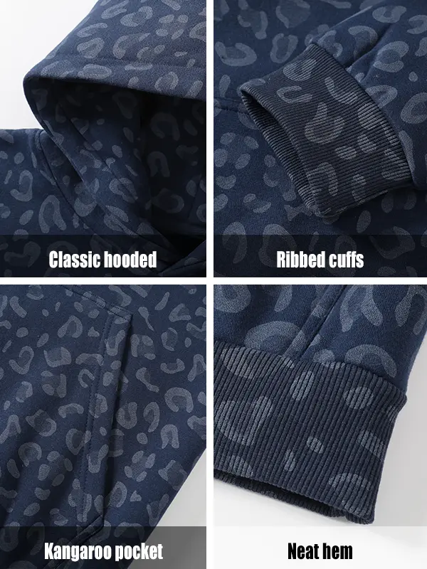 Men's 100% Cotton 2-Piece All-Over Leopard Print Streetwear Set - Loose-Fit Hoodie & Wide-Leg Pants