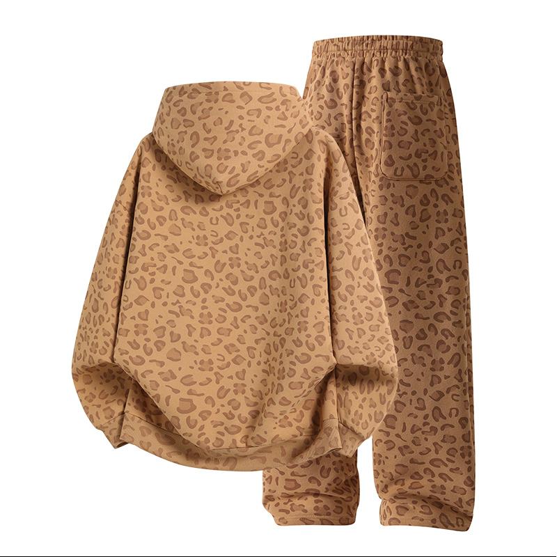 Men's 100% Cotton 2-Piece All-Over Leopard Print Streetwear Set - Loose-Fit Hoodie & Wide-Leg Pants