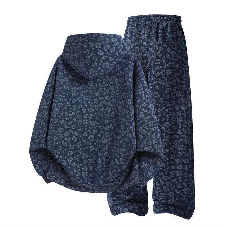 Men's 100% Cotton 2-Piece All-Over Leopard Print Streetwear Set - Loose-Fit Hoodie & Wide-Leg Pants