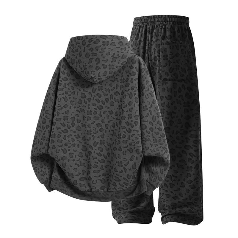 Men's 100% Cotton 2-Piece All-Over Leopard Print Streetwear Set - Loose-Fit Hoodie & Wide-Leg Pants