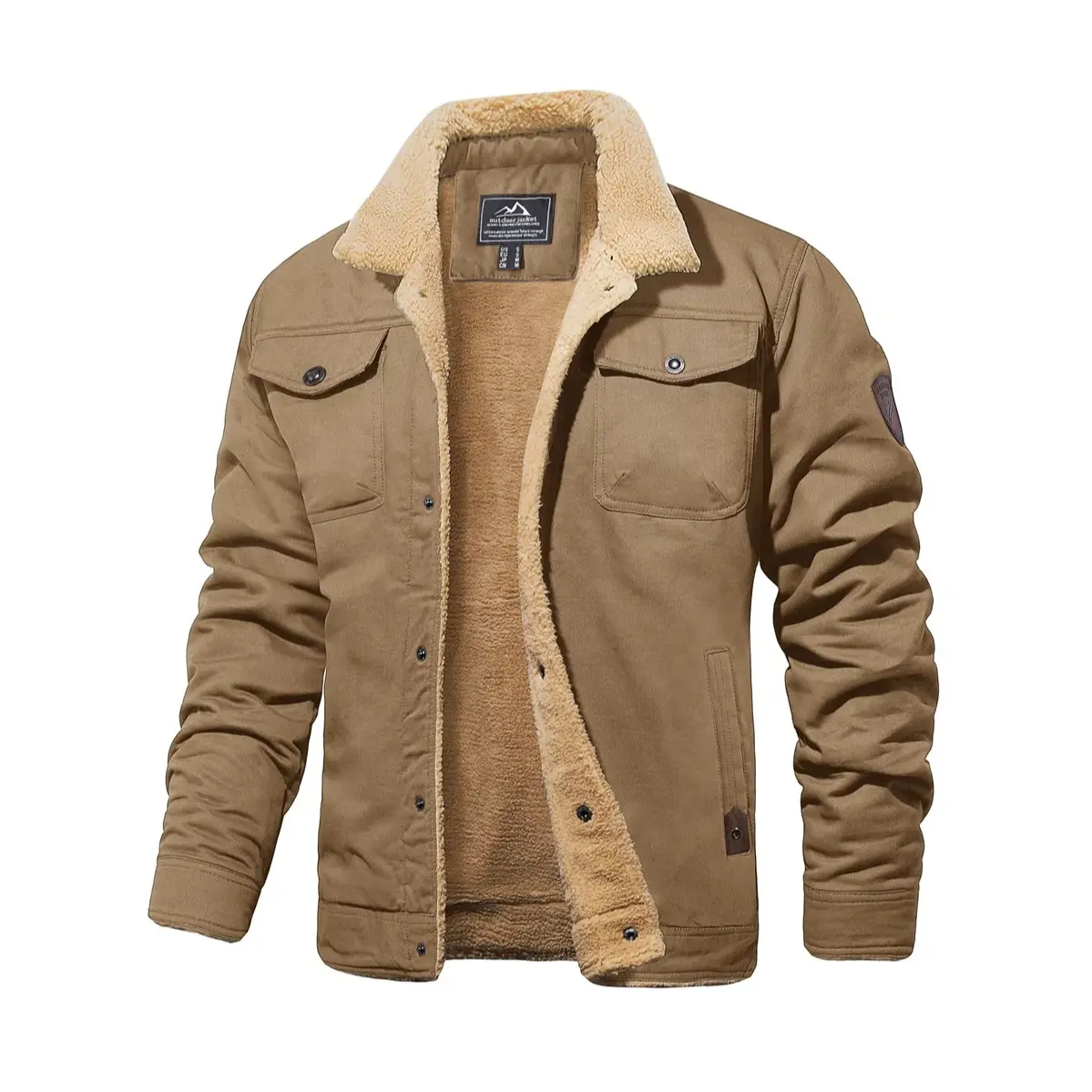 Men's Sherpa-Lined Cotton Trucker Cargo Jacket with Multi-Pockets