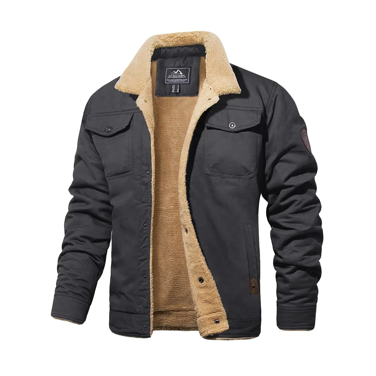 Men's Sherpa-Lined Cotton Trucker Cargo Jacket with Multi-Pockets