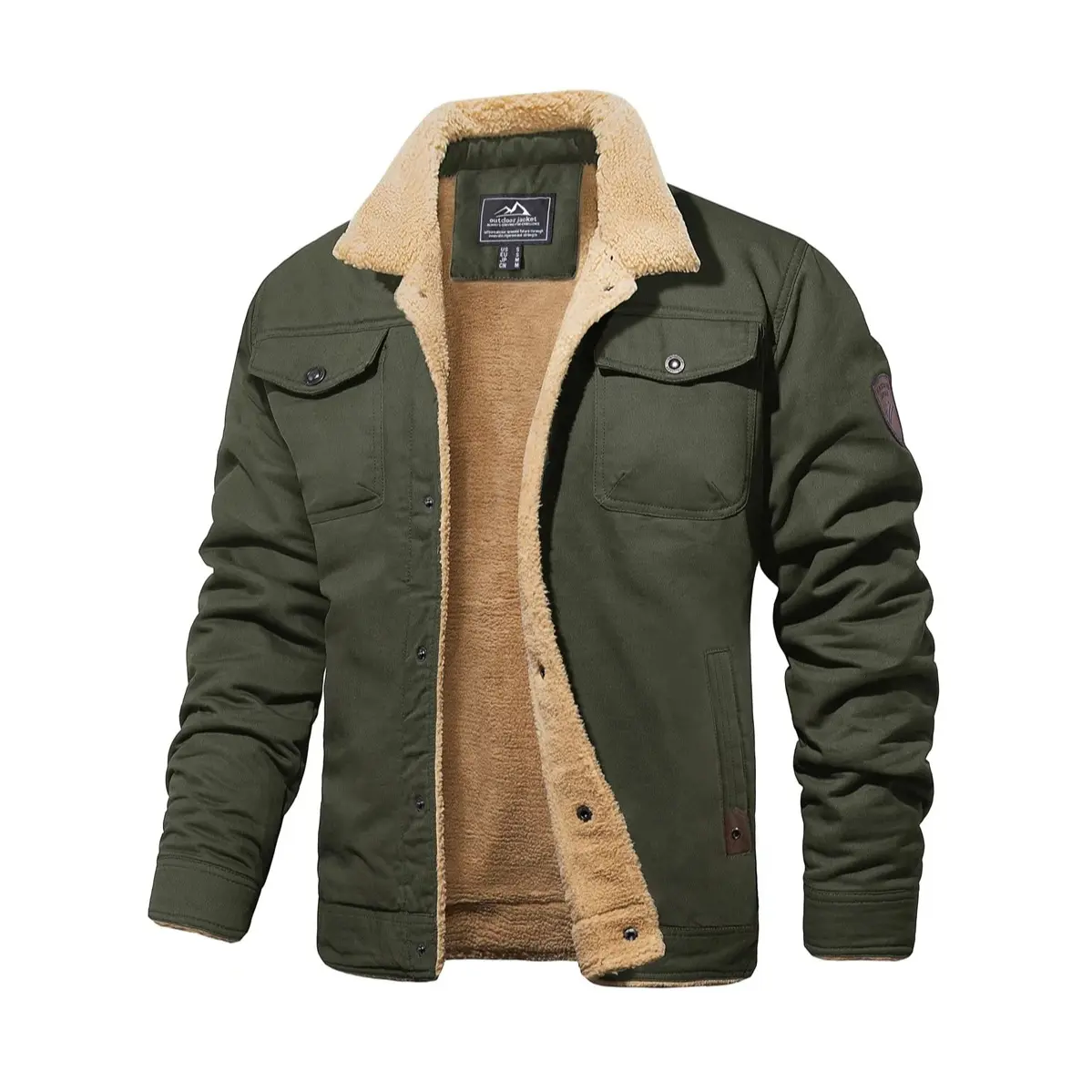 Men's Sherpa-Lined Cotton Trucker Cargo Jacket with Multi-Pockets