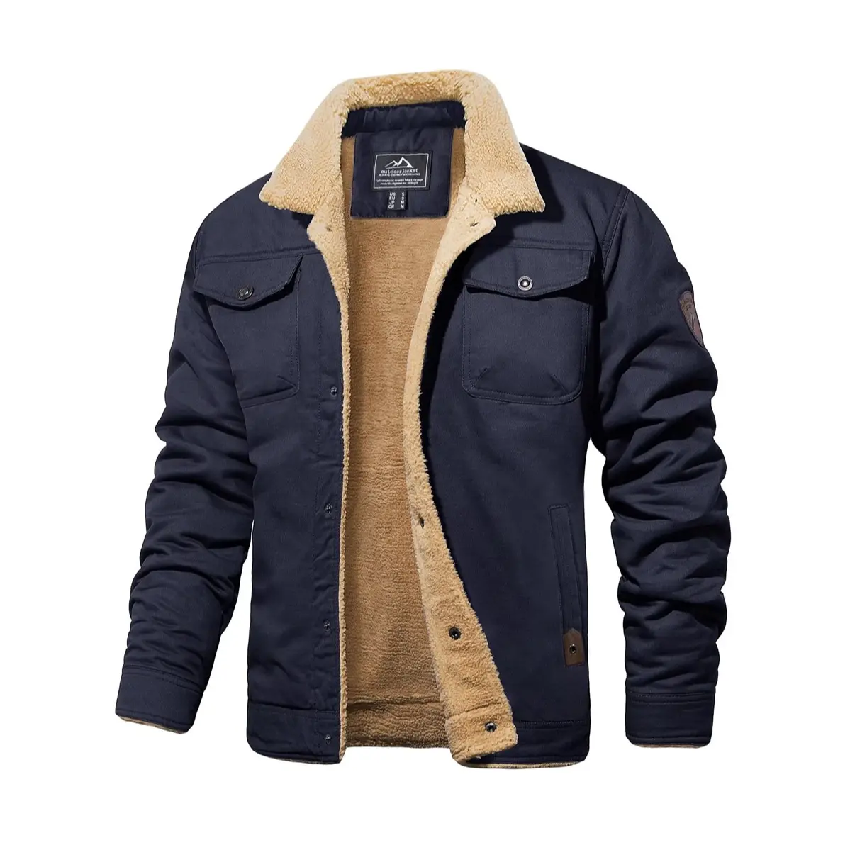 Men's Sherpa-Lined Cotton Trucker Cargo Jacket with Multi-Pockets
