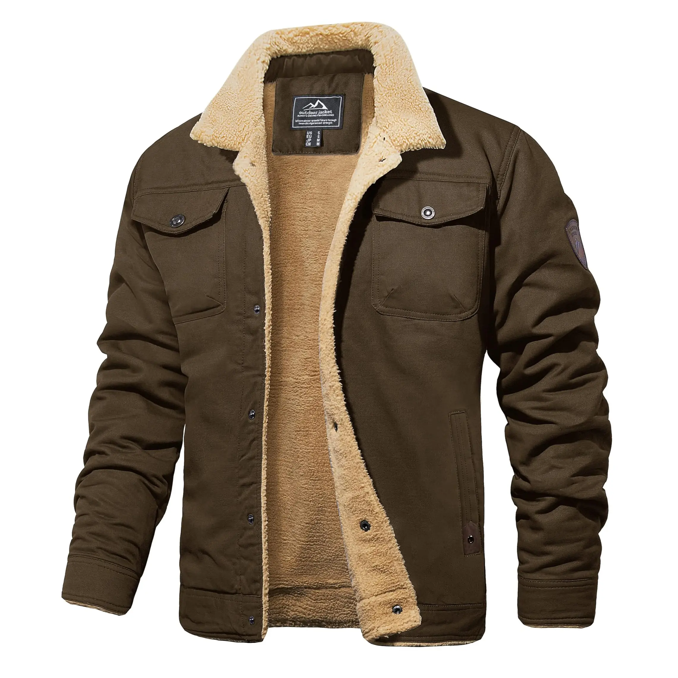 Men's Sherpa-Lined Cotton Trucker Cargo Jacket with Multi-Pockets