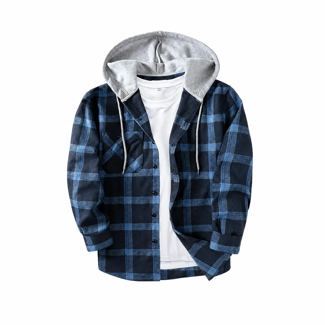 Men's Flannel Plaid Hooded Drawstring Jacket with Pockets