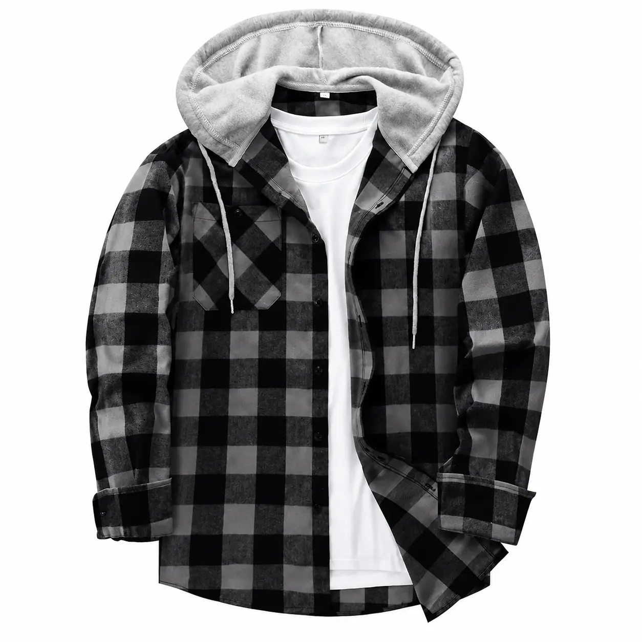 Men's Flannel Plaid Hooded Drawstring Jacket with Pockets