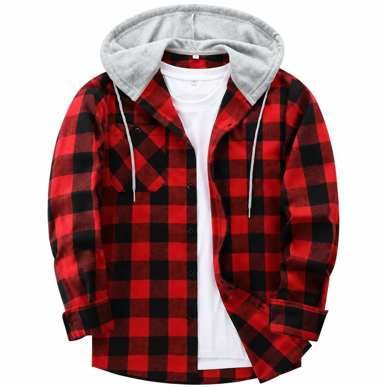 Men's Flannel Plaid Hooded Drawstring Jacket with Pockets