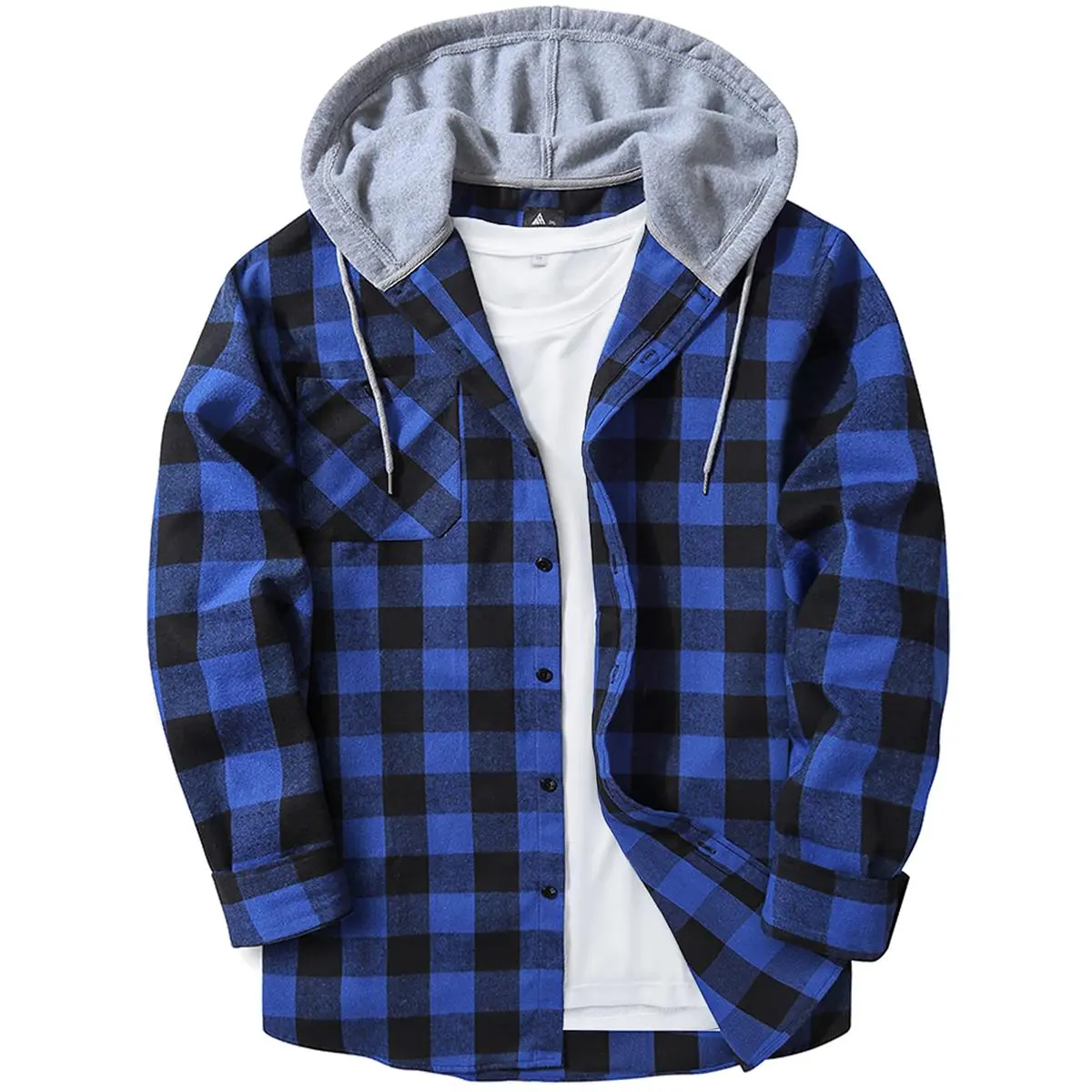 Men's Flannel Plaid Hooded Drawstring Jacket with Pockets