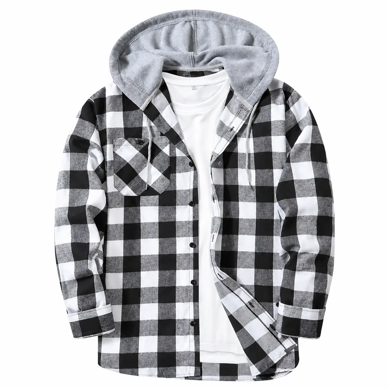 Men's Flannel Plaid Hooded Drawstring Jacket with Pockets