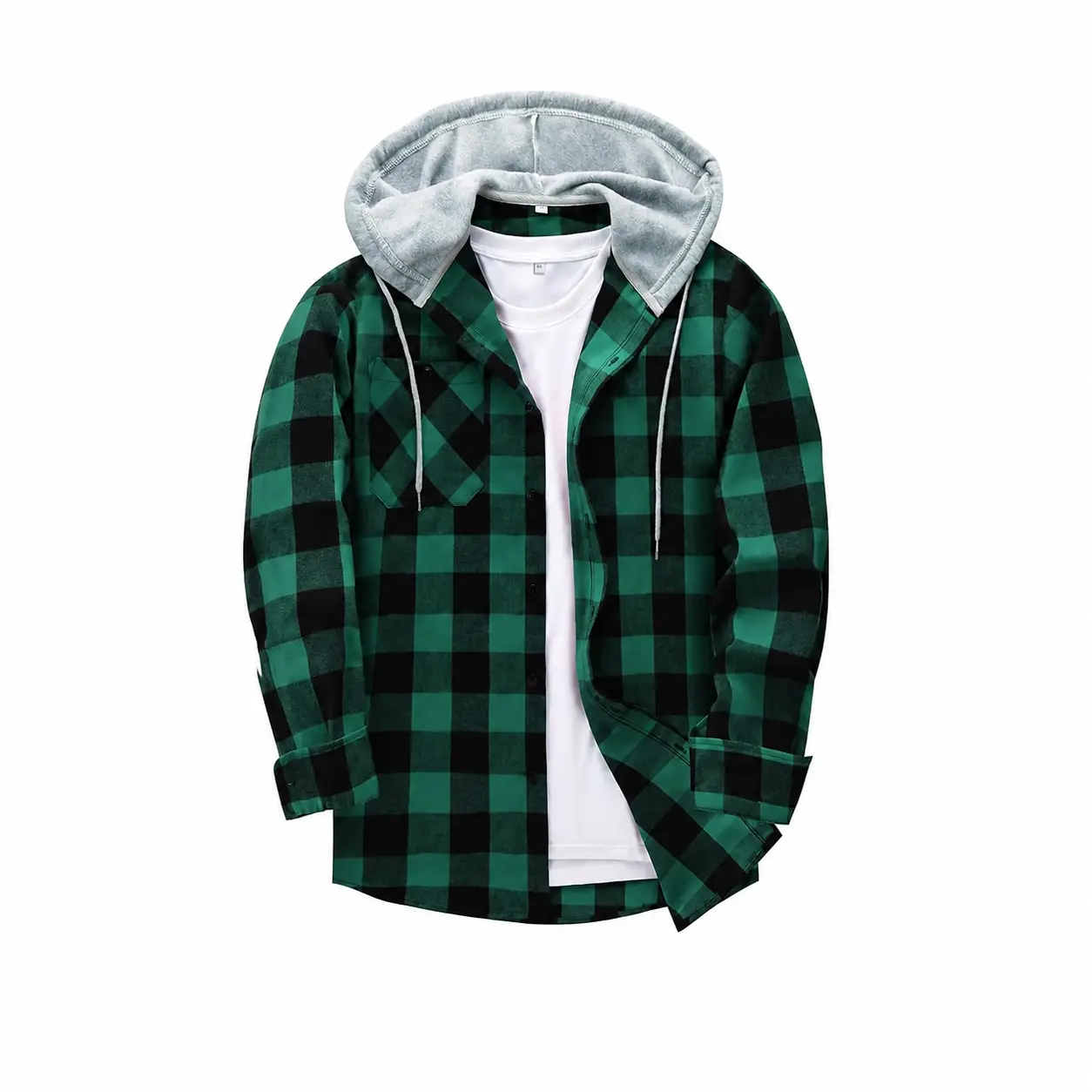 Men's Flannel Plaid Hooded Drawstring Jacket with Pockets