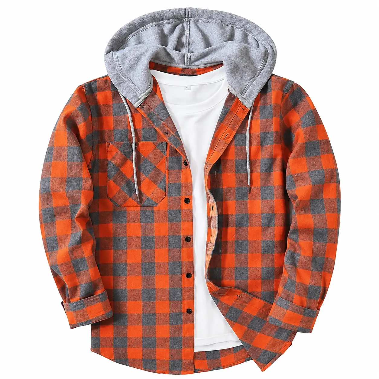 Men's Flannel Plaid Hooded Drawstring Jacket with Pockets