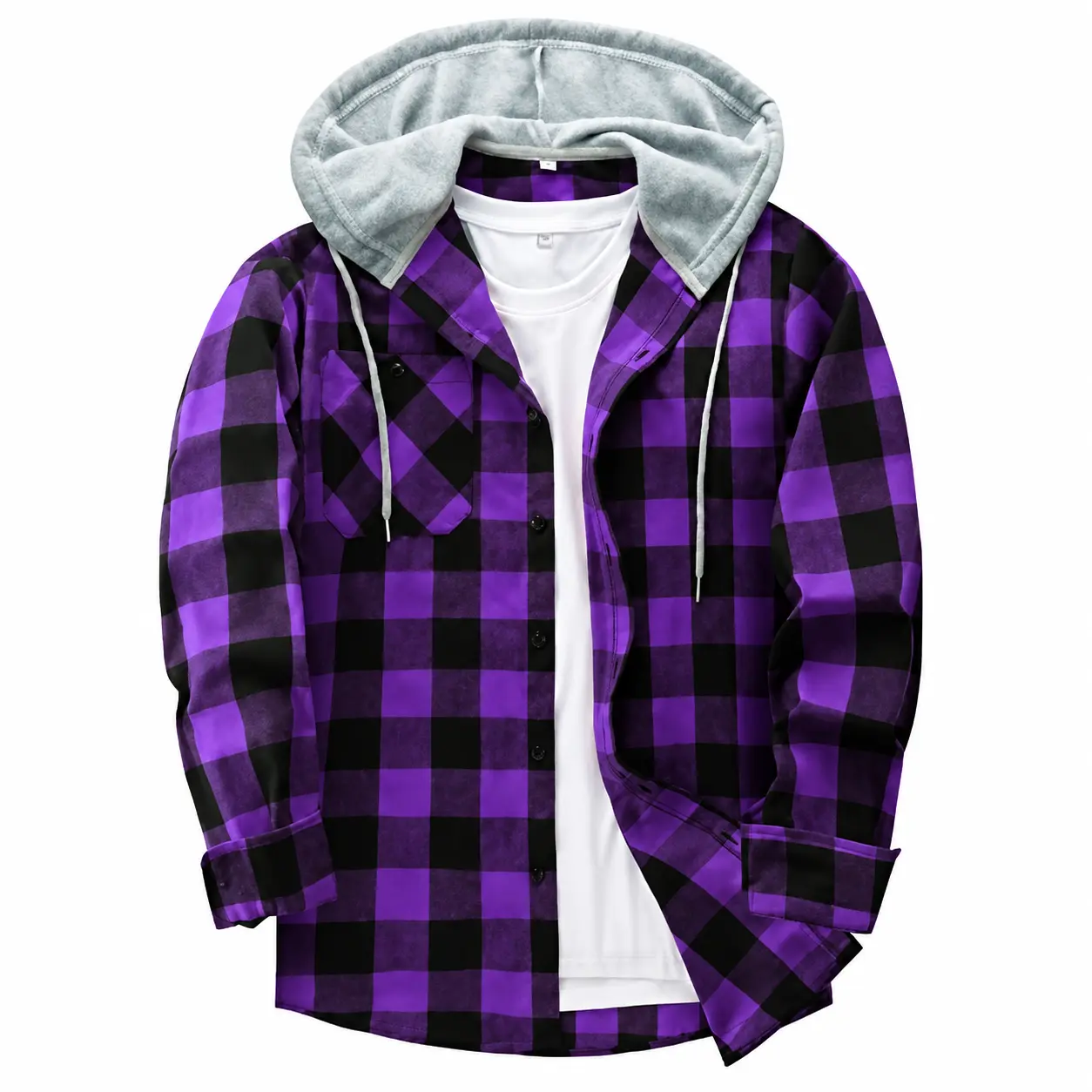 Men's Flannel Plaid Hooded Drawstring Jacket with Pockets