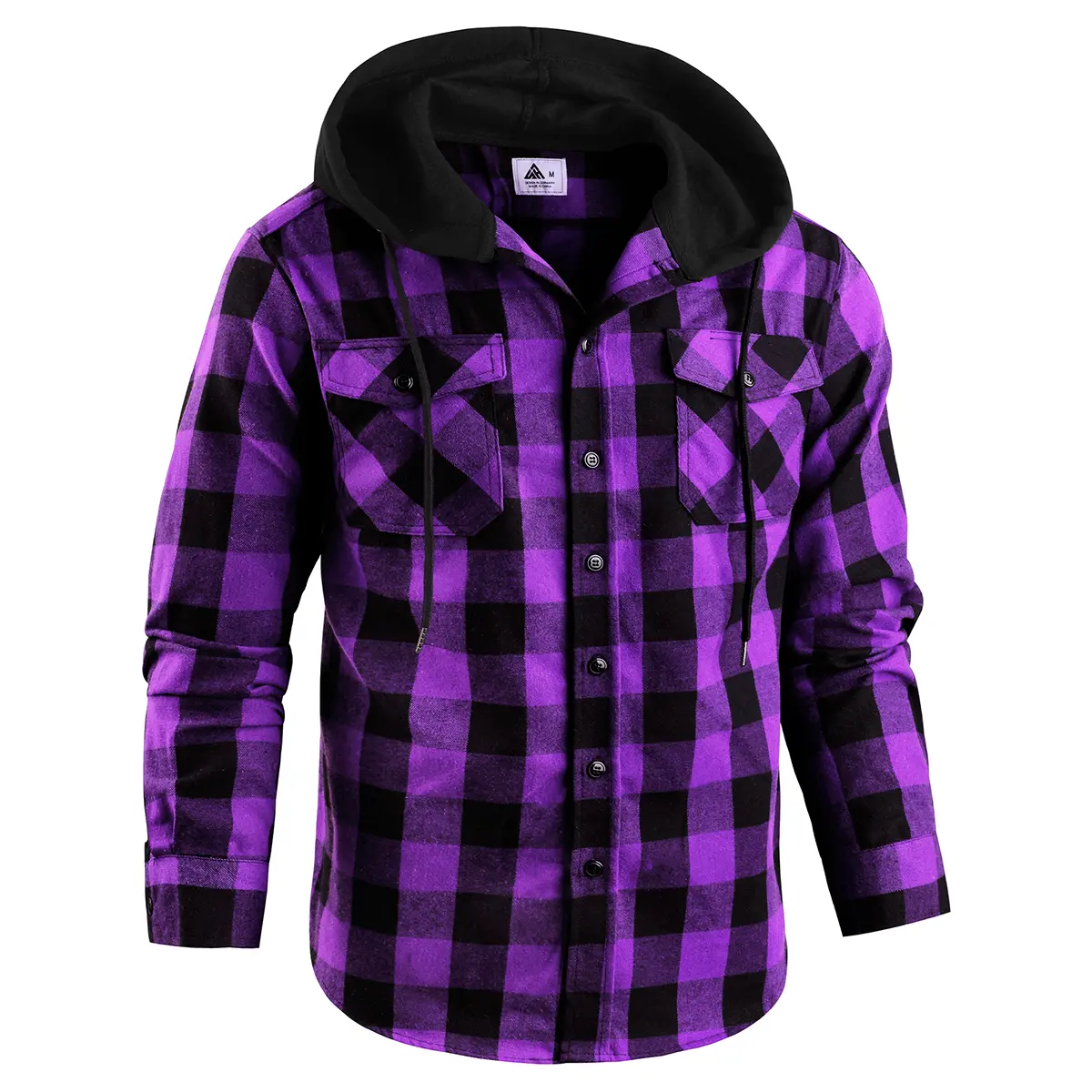 Men's Flannel Plaid Hooded Drawstring Jacket with Pockets