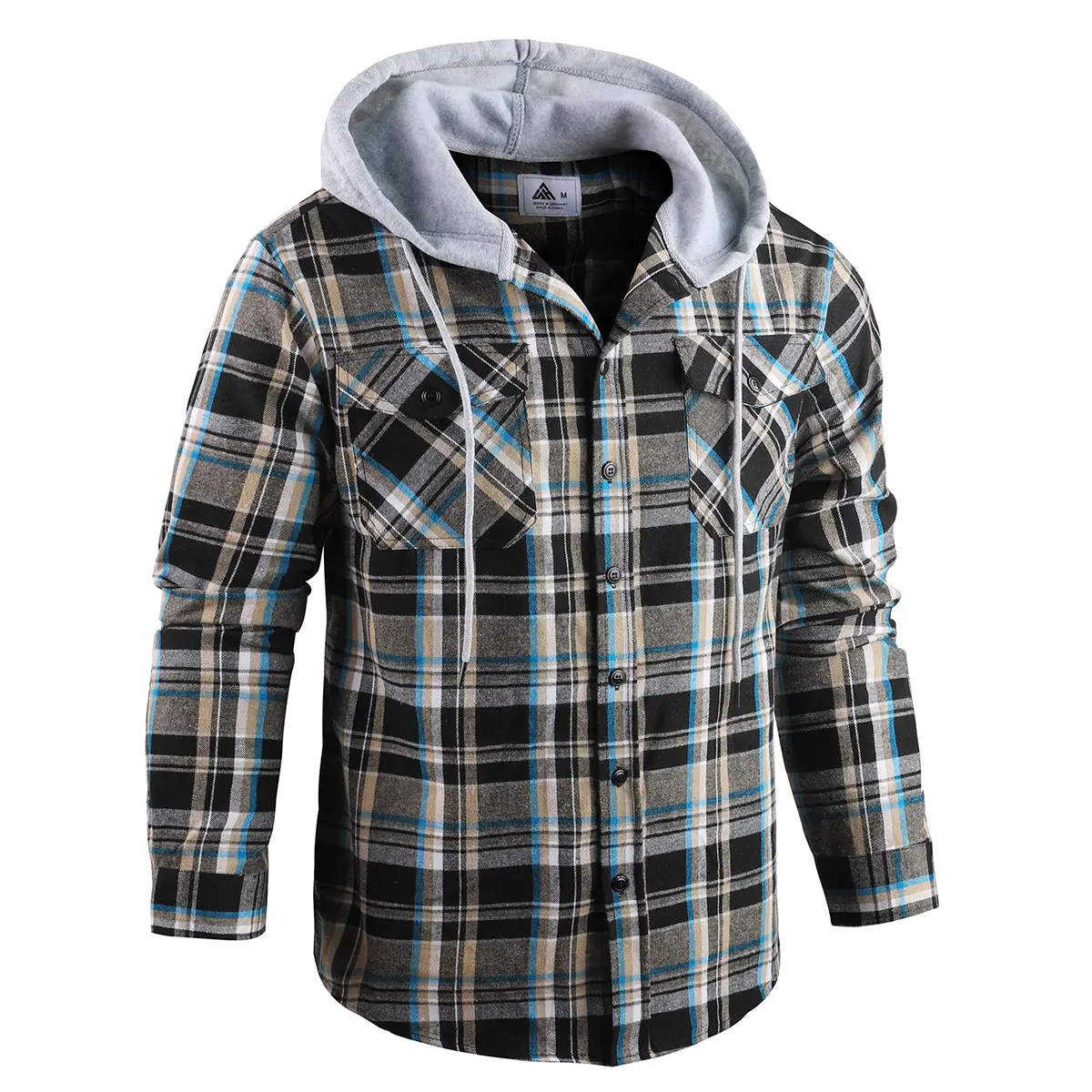 Men's Flannel Plaid Hooded Drawstring Jacket with Pockets