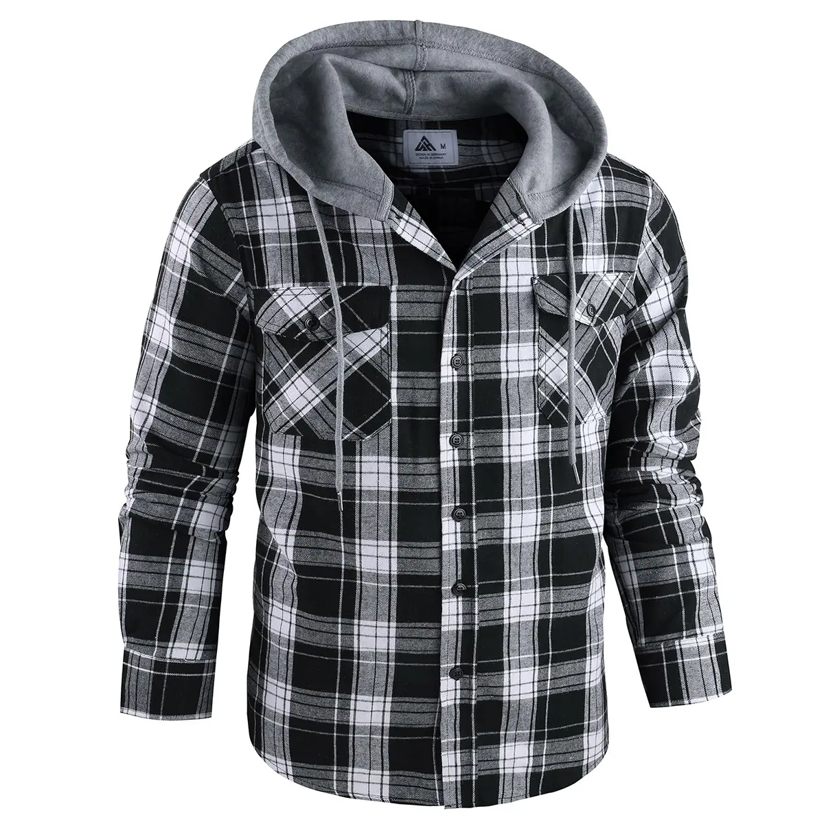 Men's Flannel Plaid Hooded Drawstring Jacket with Pockets