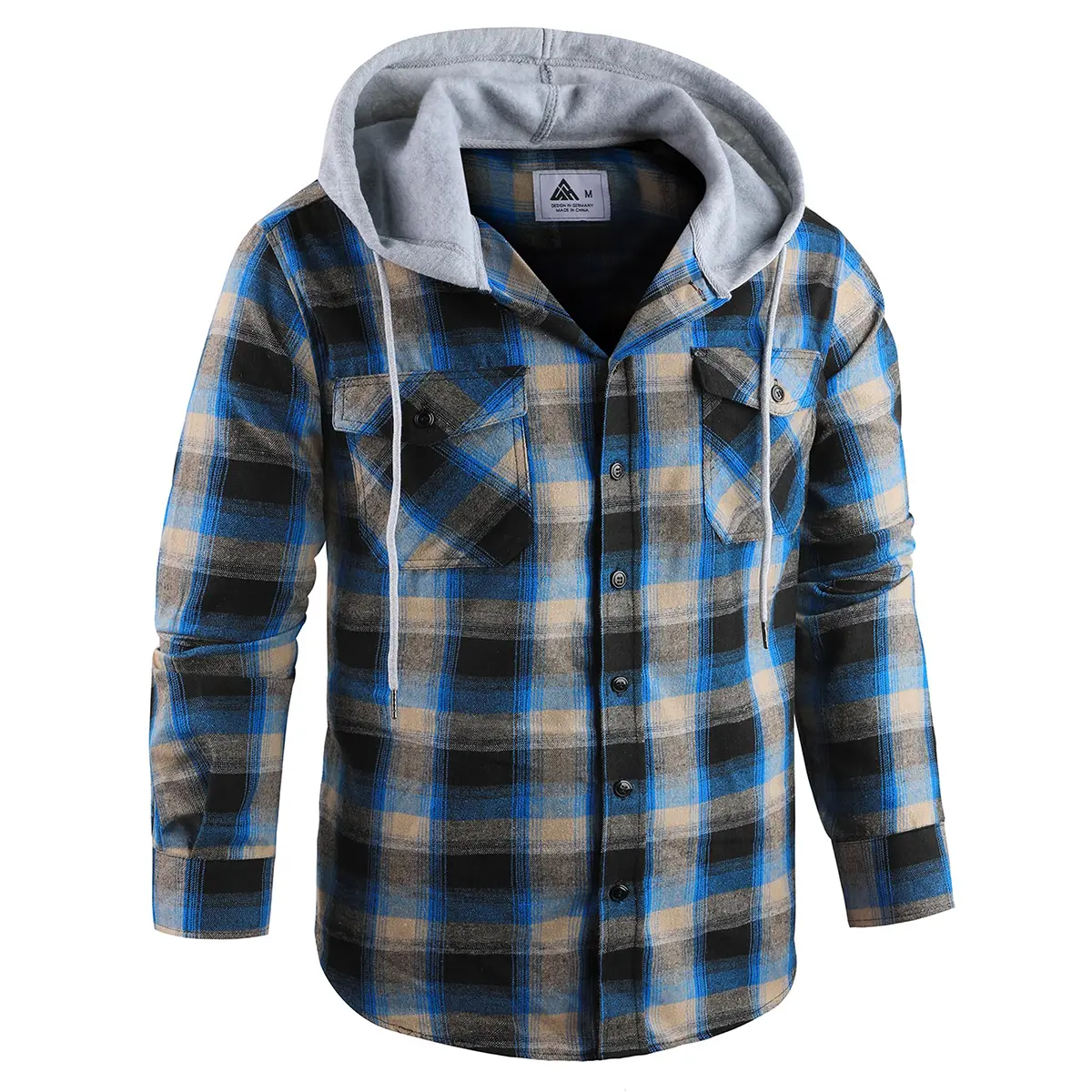 Men's Flannel Plaid Hooded Drawstring Jacket with Pockets