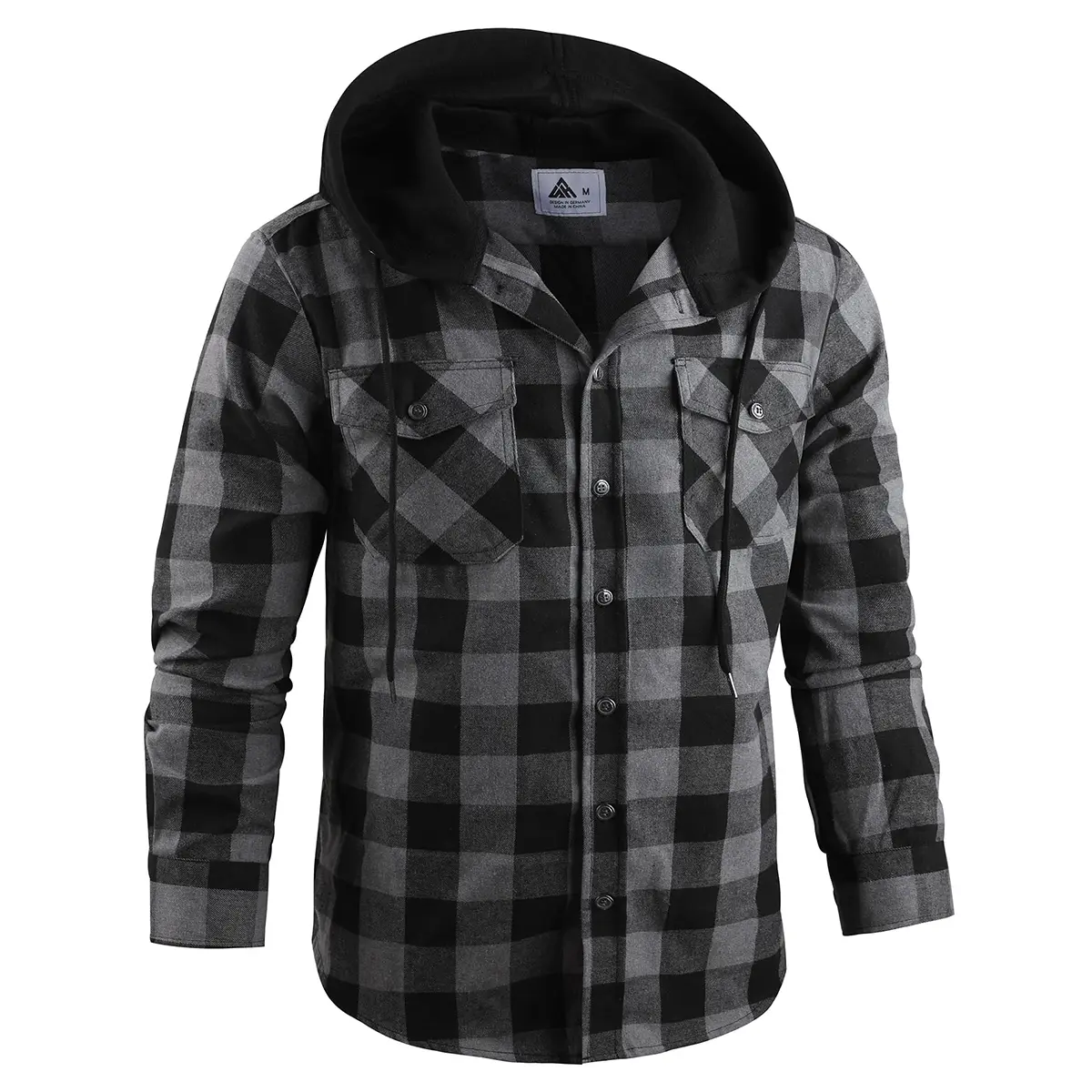 Men's Flannel Plaid Hooded Drawstring Jacket with Pockets