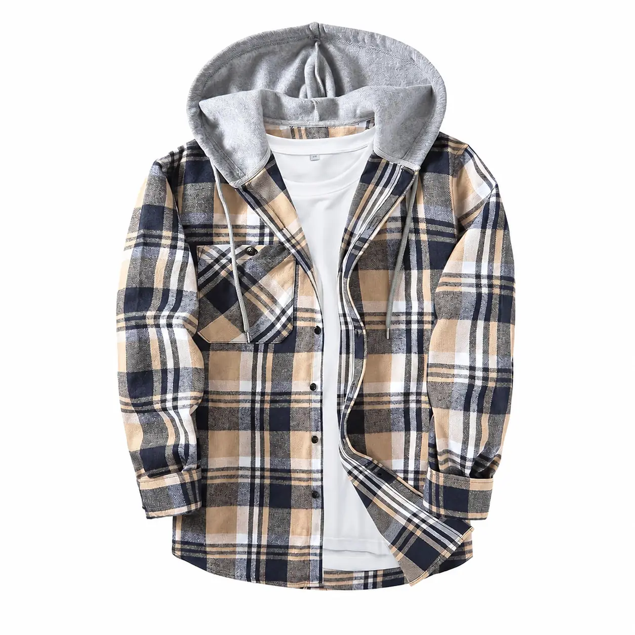Men's Flannel Plaid Hooded Drawstring Jacket with Pockets