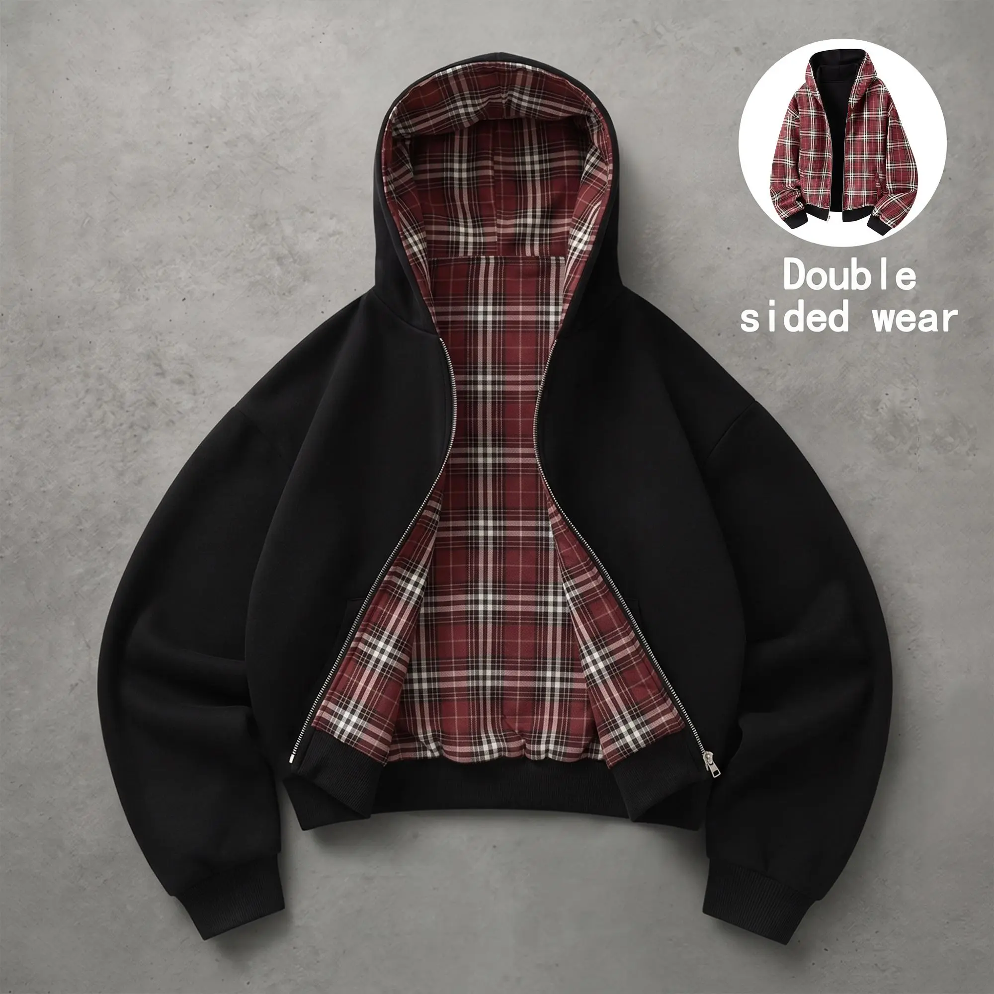 Unisex Cotton Plaid Reversible Hooded Jacket with Pockets