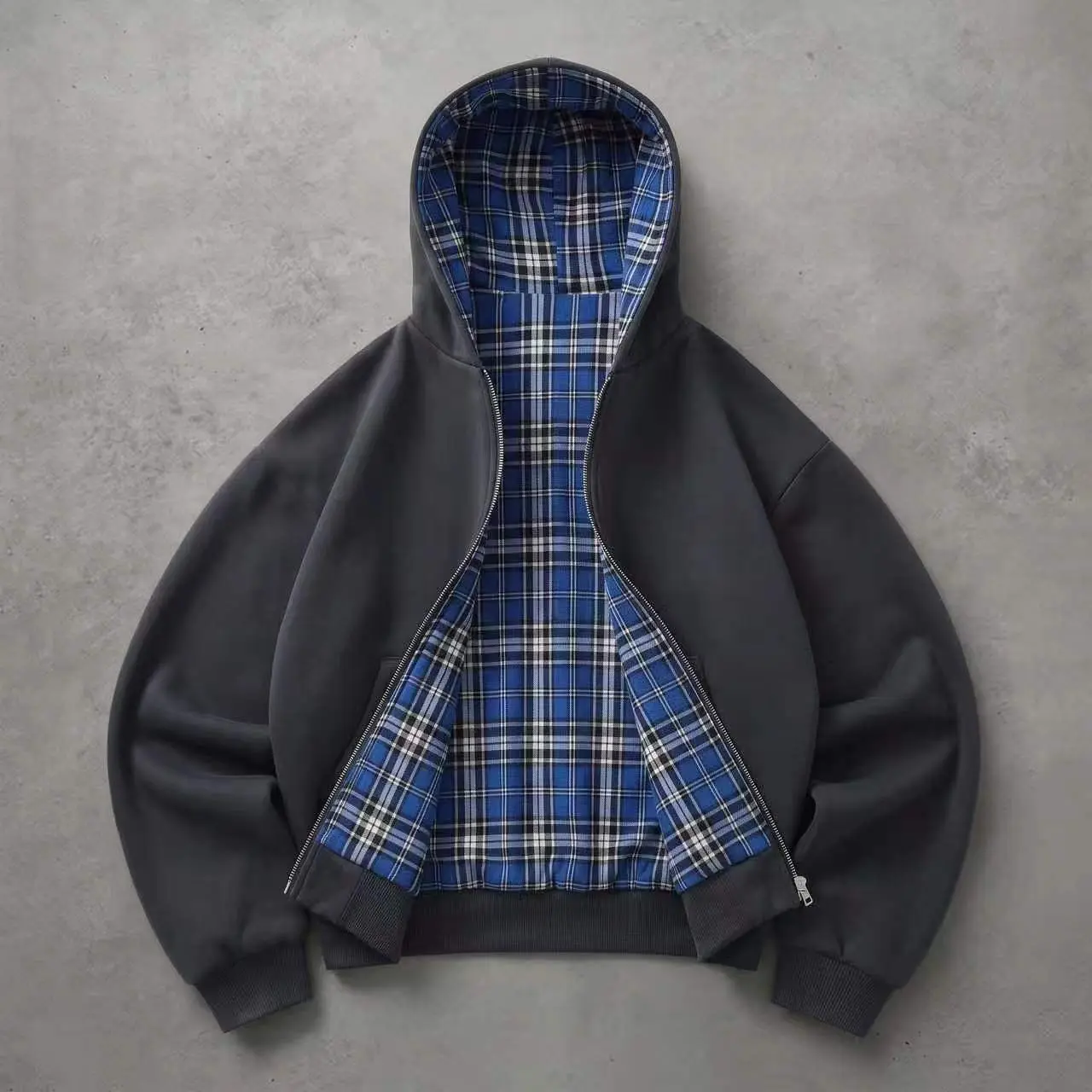 Unisex Cotton Plaid Reversible Hooded Jacket with Pockets