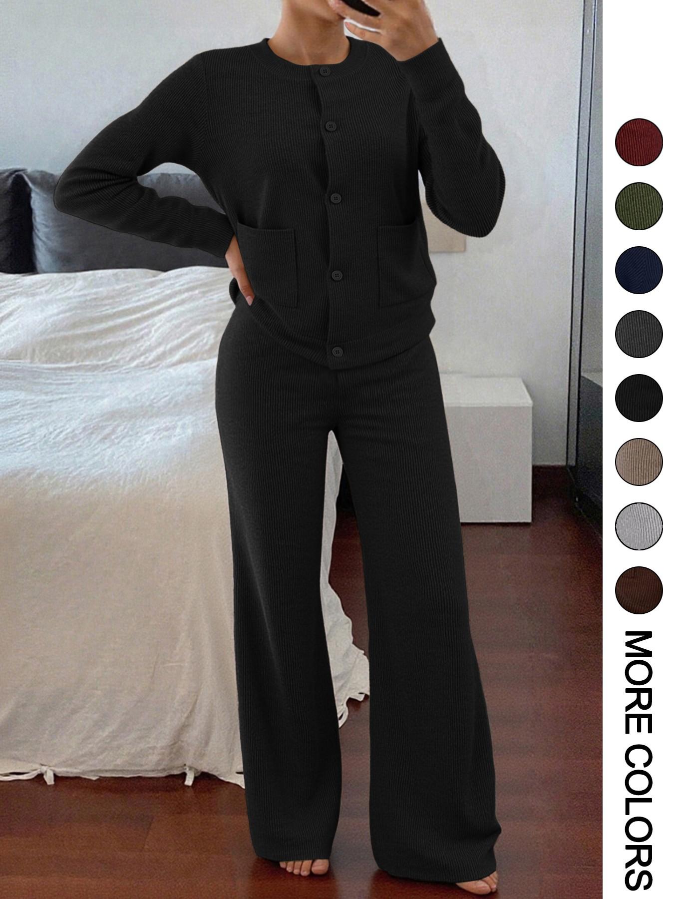 Women's Comfortable Round Neck Knit Sweater & High-Waist Wide-Leg Pants Set for Everyday Wear
