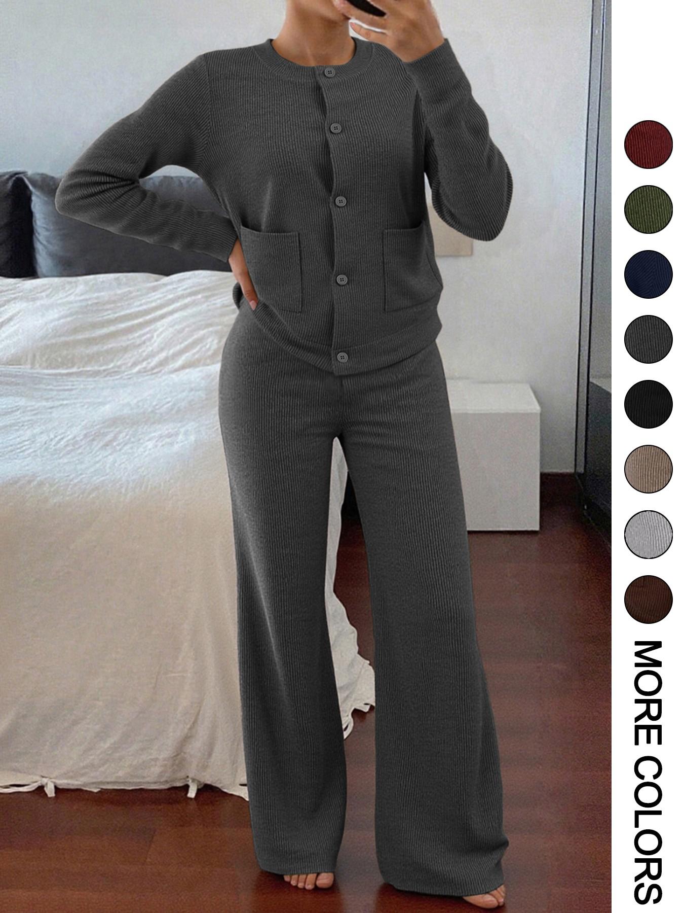 Women's Comfortable Round Neck Knit Sweater & High-Waist Wide-Leg Pants Set for Everyday Wear