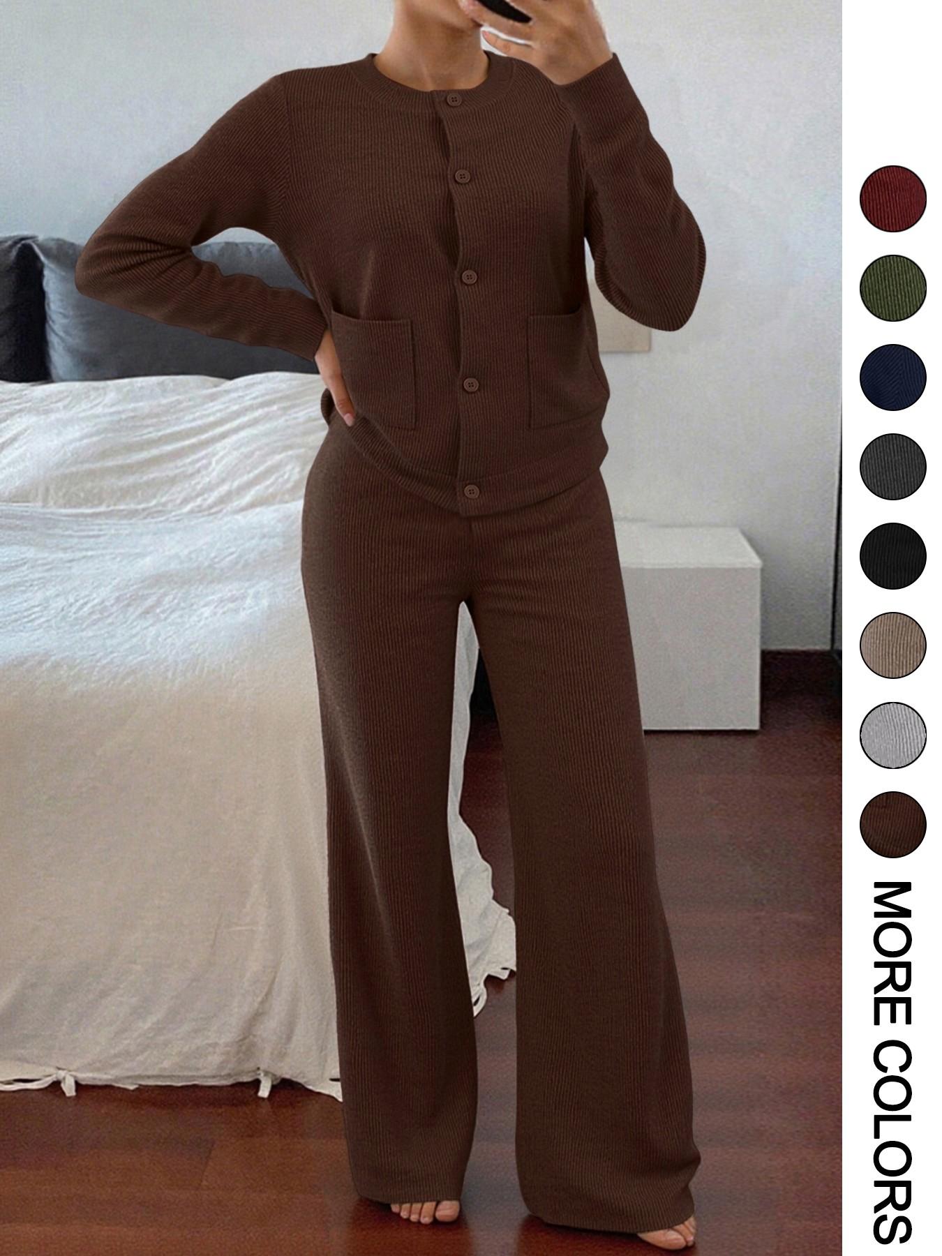 Women's Comfortable Round Neck Knit Sweater & High-Waist Wide-Leg Pants Set for Everyday Wear